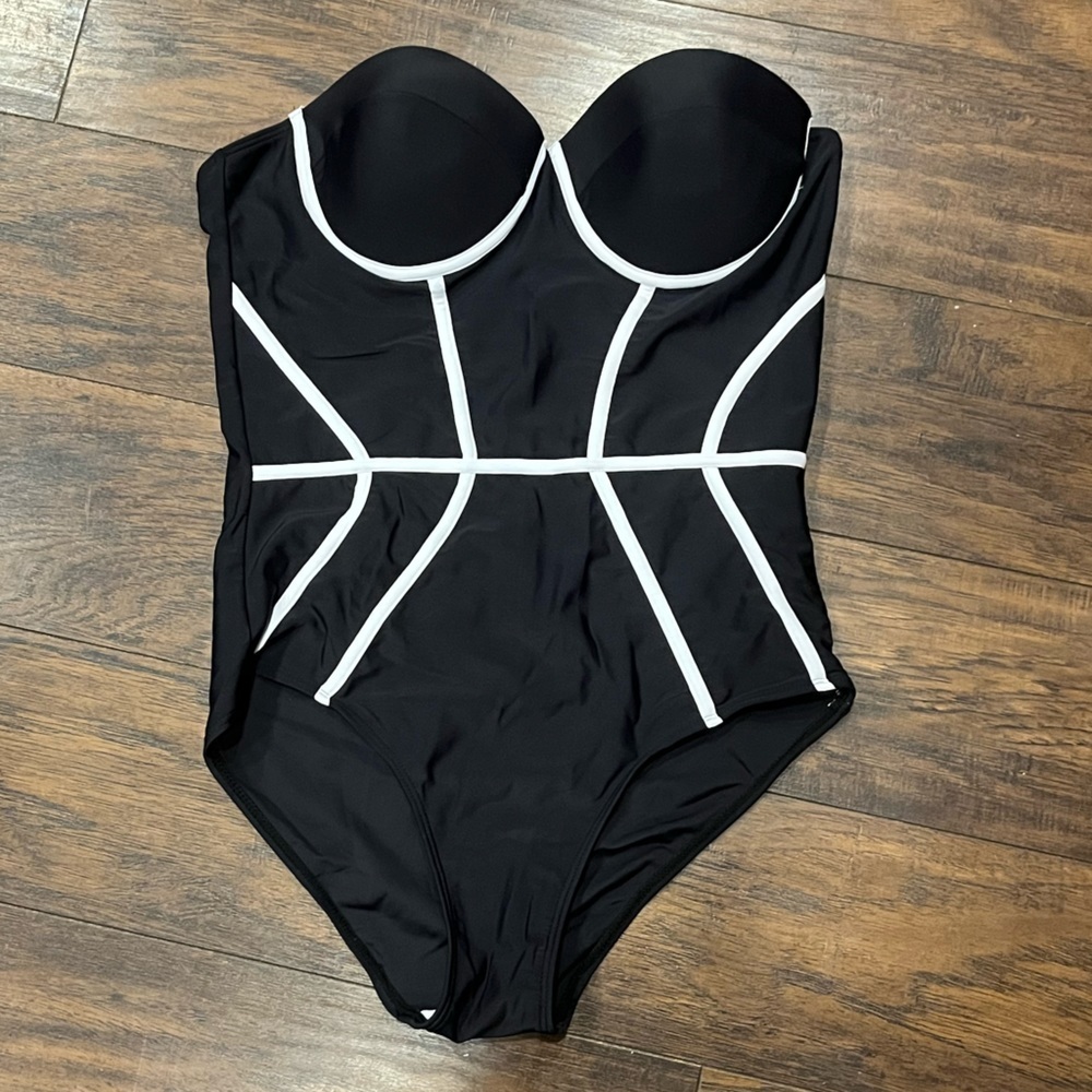 Sexy Maillot Strapless Bustier Black white Swimsuit Large L